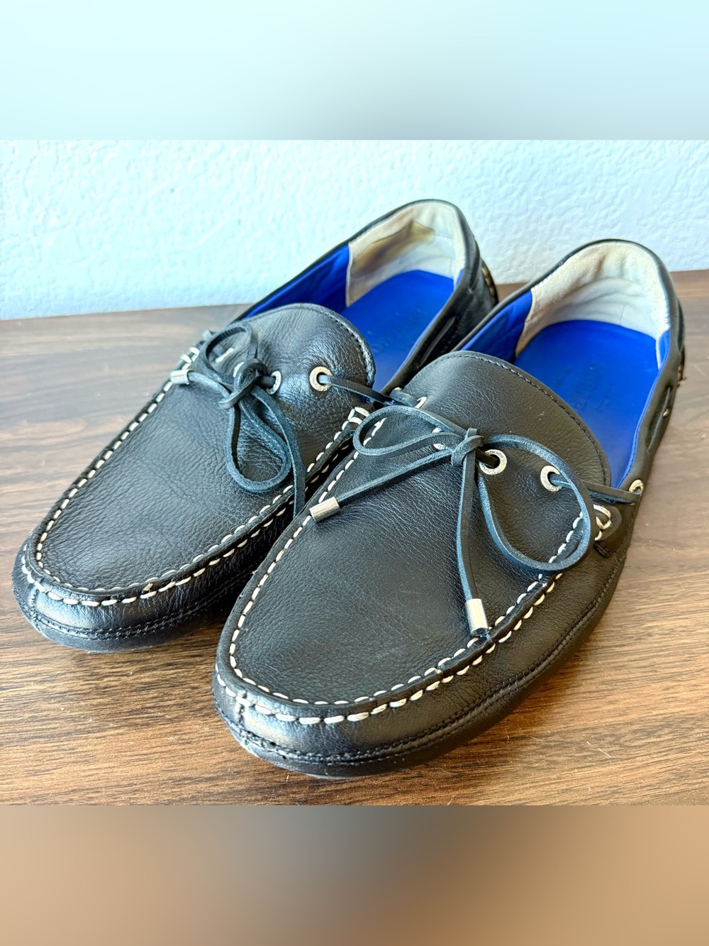 Sebago Black Leather Moccasin Driving Loafers with Blue Insole